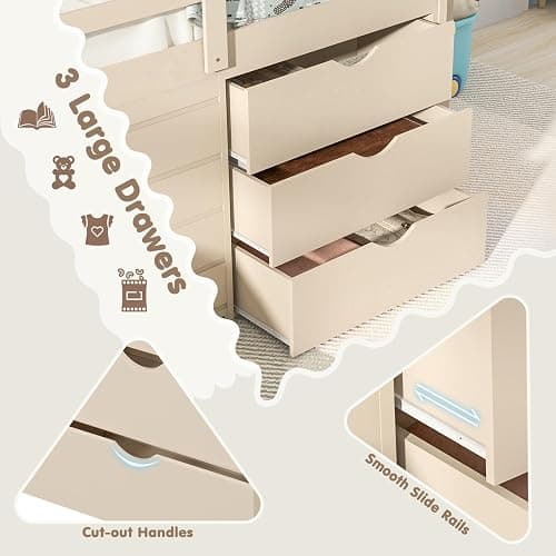 KOMFOTT Twin Low Loft Bed with 3 Storage Drawers & Underneath House, Wood Loft Bed with Slide, Ladder, Guardrails & Under-Bed Play Space, Kids Twin Loft Bed for Girls & Boys, No Box Spring Needed thumbnail 7