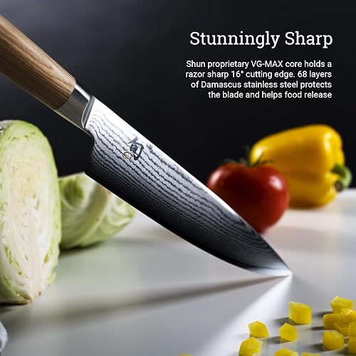Shun Classic Blonde 8" Chef's Knife, Handcrafted Japanese Kitchen Knife for Professional and Home Chefs, VG-MAX Core with Damascus Stainless Steel Cladding, Pakkawood Handle thumbnail 4