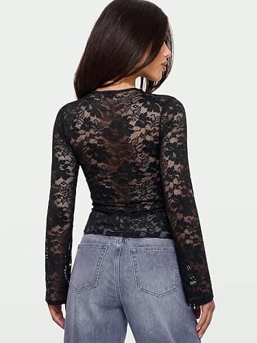 PINKMSTYLE Womens Lace Long Sleeve Shirts Sexy Mesh Y2K Going Out Tops | Cut-out Front Slim Fitted Blouses Sheer See Through Clothes,2026 Fall Fashion,Date Night,Party,Club,Concert,Concert Outfits thumbnail 5
