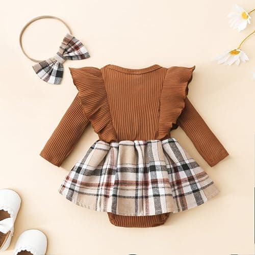Newborn Baby Girl Fall Winter Outfit Set Plaid Romper Dress Ruffles Long Sleeve Clothes Jumpsuit with Bow Headband thumbnail 3
