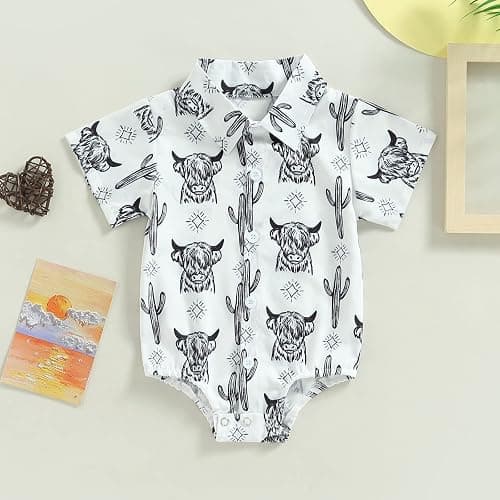 Karuedoo Western Baby Boy Clothes Cow Print Shirt Romper Infant Short Sleeve Button Down Bodysuit One Piece Gentleman Outfit thumbnail 2