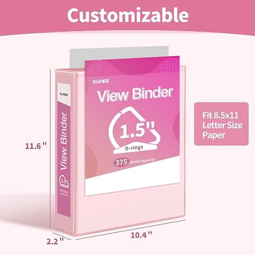 SUNEE 3 Ring Binder 1.5 Inch D Ring, Clear View Binder Three Ring PVC-Free (Fit 8.5x11 Inches) for School or Office Supplies, Pink, 1 Pack - Pink - 1.5 Inch thumbnail 2
