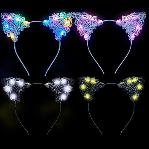 Juexica 4 Pcs Lace Light up Cat Ears Headband LED Lace Cat Ears Headband Hair Accessories for Women Christmas Fancy Dress Cosplay Party Favors - Image 1