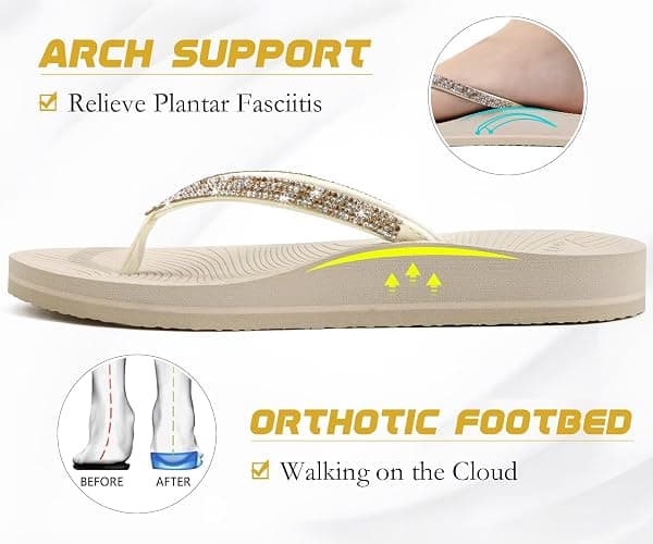 KuaiLu Women's Rhinestone Flip Flops with Comfort Arch Support Yoga Mat Cushion Sandals Fashion Summer Beach Travel Orthotic Walking Thong Sandles Slip on Plantar Fasciitis Indoor Outdoor Shoes thumbnail 3