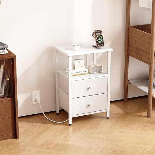 Smoproper Nightstand with Charging Station, Bedside End Table with 2 Fabric Drawers for Bedroom, Side Table with USB Ports and Outlets (White) thumbnail 6