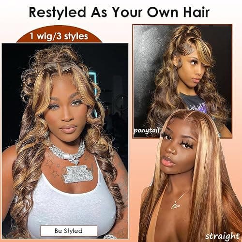 32 Inch Honey Blonde Body Wave Lace Front Wig Human Hair 13x6 HD Lace Front Wig Ombre Highlight 4/27 Colored 180% Density Pre Plucked Brazilian Virgin Wigs for Women thumbnail 4