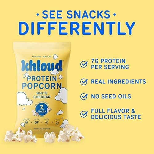 Khloud Protein Popcorn - White Cheddar - 7g Protein Snacks for Adults & Kids - Flavored Popcorn Made with Real Ingredients & Milk Protein Isolate - Non-GMO, Gluten-Free, Kosher, 4oz, 4pk thumbnail 5