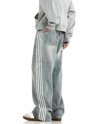Mens Baggy Denim Jeans Casual Striped Pants Straight Wide Leg Jeans Oversized Hip Hop Pants Vintage Skater Track Jeans thumbnail 5