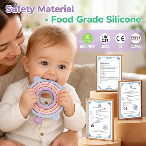 Baby Ring Teething Toys with Rattle for 3 Months+, BPA-Free, Blue | Easy to Grip Silicone Sensory Teether Toys, with 360° Textured Bumps for Gum Massage, Boys Girls Gift thumbnail 7