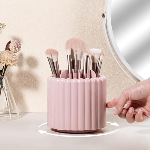 Rotating Makeup Brush Holder Organizer with Removable Dividers, Pink | 7 Slots Make Up Brush Organizer 360 Spinning Cosmetic Storage Pen Holder for Desk, Vanity, Dresser thumbnail 2