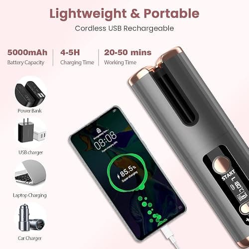 Automatic Hair Iron, Cordless Hair Curler PTC Ceramic Hair Curling Negative Ion Portable 5000mAh Rechargeable USB Anti-Tangle 6 Temperature & Timer 10min Auto Off Curling Wand for Home/Travel Use thumbnail 5