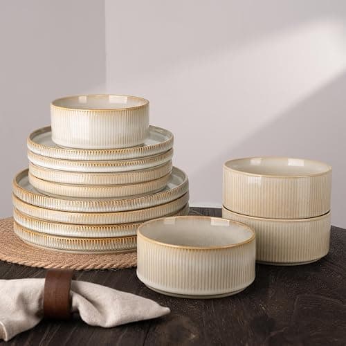 Richmount Star Dinnerware Sets, Plates and Bowls Set for 4, 12 Piece Dish Set, Ribbed, Cappuccino White thumbnail 4