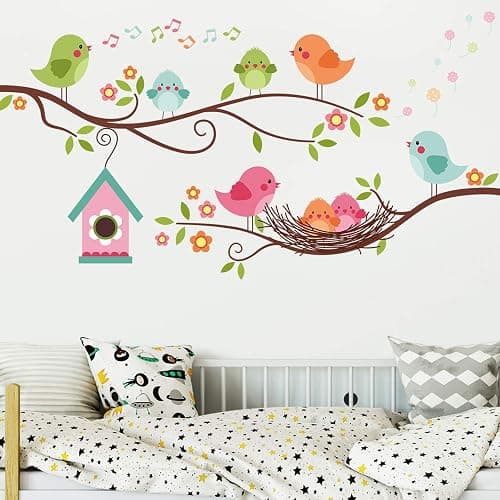 Robin Bird and Tree Branch Wall Stickers, Colorful Cute Cartoon Lovely Birds Singing On The Branch with Flowers Wall Decal, DILIBRA Removable DIY Mural Decorations for Living Room Bedroom Baby Room thumbnail 4