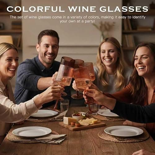 Melanin Colored Square Wine Glasses Set of 6, Elegant Ribbed Design Amber Crystal Glassware with Long Stem, 11.5oz Hand Blown Red & White Wine Stemware For Home Bar Deco,Party,Wine Dinner- Multicolour thumbnail 2