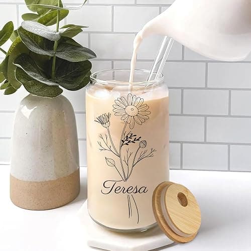 Custom Glass Cup With Birth Flower - 16 Oz Personalized Tumbler With Lid and Straws - Anniversary Birthday Gifts for Women, Bridesmaids, Mom, Girlfriend thumbnail 2