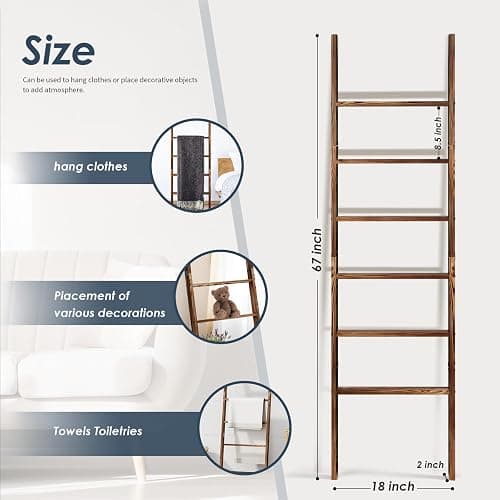 6-Tier Blanket Ladder Wooden, 5.7FT(66.5'') Blanket Quilt Towel Holder Rack Decorative Ladder, Easy Assembly, Rustic Farmhouse Ladder Shelf for The Living Room Bedroom Bathroom Home Decor, Brown thumbnail 2