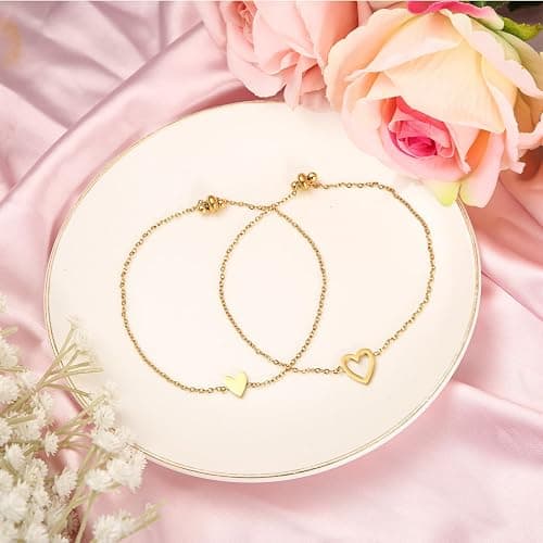 2pcs Matching Heart Bracelets, Gold Plating Delicate Love Friendship Chain Adjustable Jewelry Bracelets Heart Bracelet Set Gift for Women as Prom Accessories Anniversary (Gold) thumbnail 3