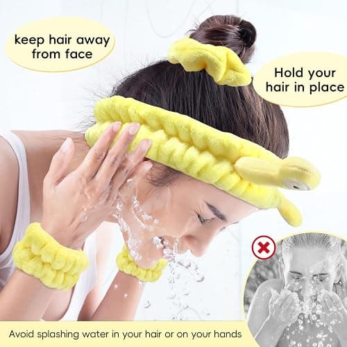 Face Wash Headband, Skincare Wrist Bands For Washing Face Set Spa Hair Bands come with a Hair Scrunchie, Cute Yellow snail tentacle Elastic Headband, For Face Washing Makeup Skincare (Yellow) thumbnail 3