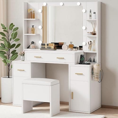 DWVO Makeup Vanity Set with Mirror & 3-Mode Lights, Vanity Desk with Storage Stool, Power Outlet, Shelves, Drawers & Hair Tool Holder, Dressing Table for Apartment Dorm Guest Room, White thumbnail 3