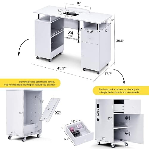HolaiNail Manicure Table Nail Desk for Nail Tech, Acetone Resistant Beauty Salon Station with Dust Collector, Wrist Pad, Lockable Wheels, Drawer & Cabinet, White thumbnail 3