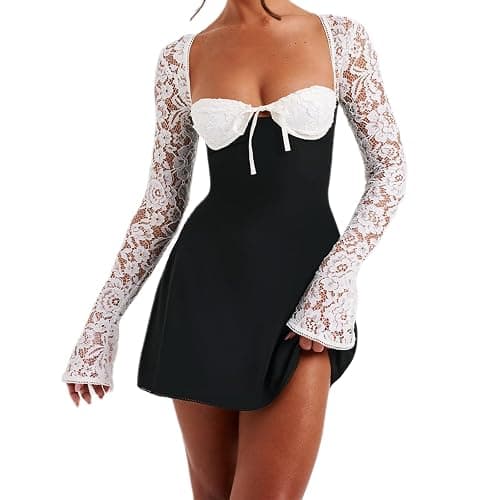 FeMereina Women 's Elegant Lace Long Sleeve Dress Lace Patchwork Low Cut Mini Dress Backless Tie-up Going Out Dress thumbnail 2
