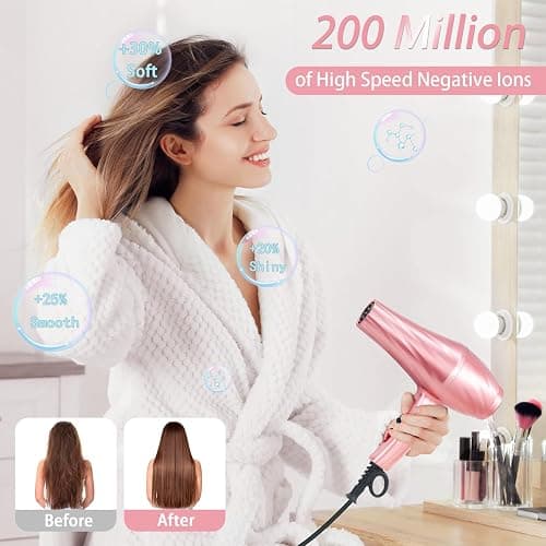 Ionic Hair Dryer,2400W Negative Ion Low Noise Hair Dryer Professional Fast Drying Hair Dryers with 2 Speeds, 3 Heat Settings, Cooling Button,with Diffuser for Curly and Straight Hair（Sakura Pink） thumbnail 3
