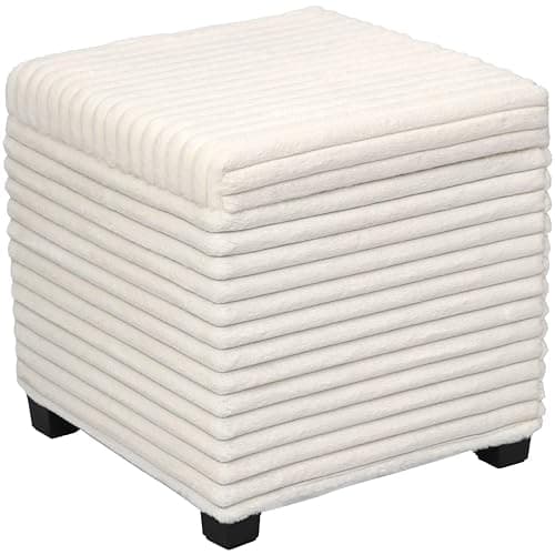 ABHENG 17.7 inches Faux Fur Ottomans Cube with Legs, Metal Framed Vanity Stool Chair Storage Ottoman Foot Rest Stool, Holds 770 LB for Dorm Living Room Bedroom White UASND644W - Image 1