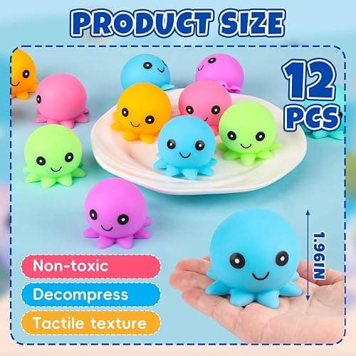 12 Pack Stress Balls , Cute Octopus Fun Squish Ball | Fidget Toys Bulk Squishy Squeeze Ball Set and Birthday Party Favors Toys thumbnail 2
