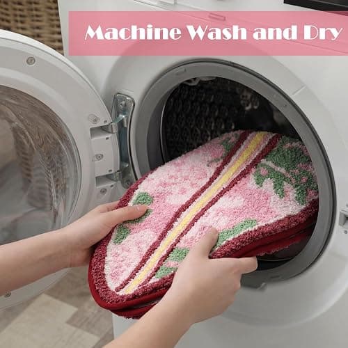 Dunzy Pink Hibiscus Bathroom Rug Cute Surfboard Shaped Bath Mat Non-Slip Flocking Bathtub Rug for Tropical Living Room Bedroom Decor thumbnail 6