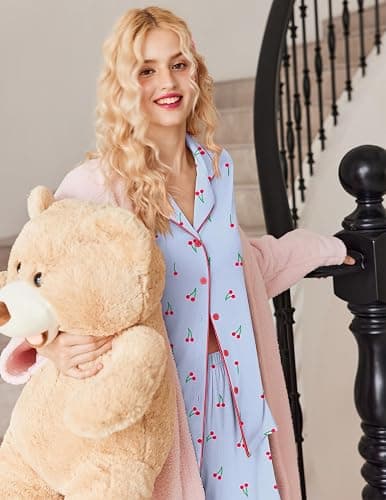 Ekouaer Button Up Pajamas Set for Women Short Sleeve Ribbed Knit Sleepwear 2 Piece Pjs Shorts Set thumbnail 2