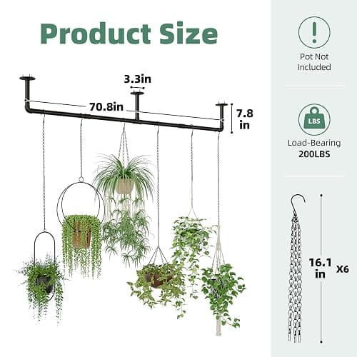 Galood Plant Hanger Indoor with 6 Hanging Chains Hanging Planters for Indoor Plants Hanging Plant Holder Window Plants Rod Black Metal Shelves(70.8 Inch Pot not Included thumbnail 2