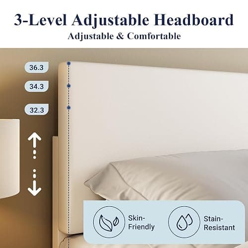 Allewie King Size Bed Frame with Adjustable Headboard, Faux Leather Platform Bed with Wood Slats, Heavy Duty Mattress Foundation, No Box Spring Needed, Noise-Free, Easy Assembly, White thumbnail 4