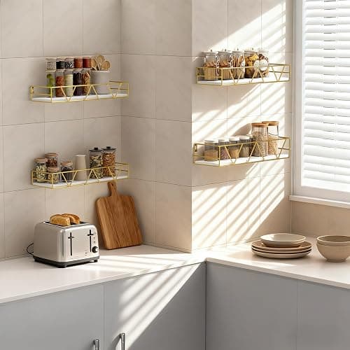 Amaoot Floating Shelves Set of 3, Home Wood Wall Shelf, Farmhouse Shelf for Bedroom, Wall Mounted Floating Shelf for Living Room, Bedroom, Bathroom, Kitchen, Office (Gold-4pcs) thumbnail 4