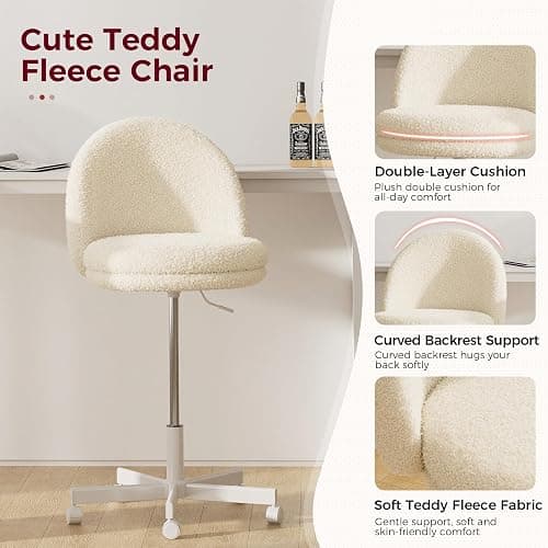 GTRACING Velvet Tall Office Chair with Wheels Vanity Chairs with Back, Versatile Height Use: Office to Bar Stools Small Ergonomic Comfy Armlees Computer Desk Chair with Bow Lumbar Pillow for Gift thumbnail 4