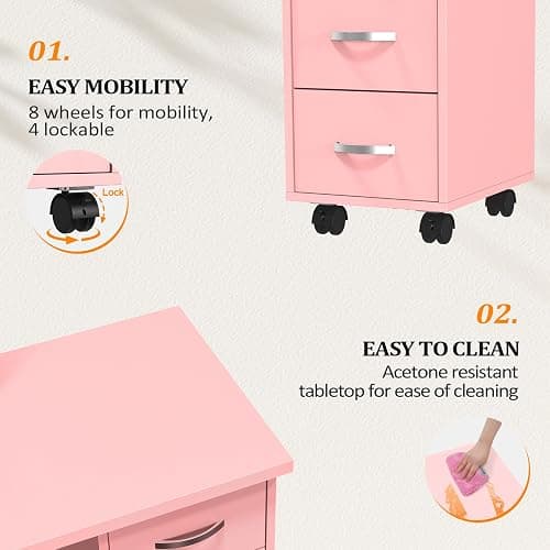 OmySalon Manicure Table Nail Desk with Cabinet, Drawers, Wheels & Wrist Rest, Spa Salon Beauty Home Wooden Technician Workstation for Nail Tech, Pink thumbnail 6