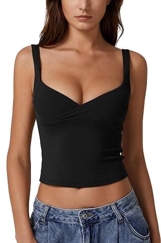 QINSEN Women's V Neck Tank Tops Double Lined Adjustable Strap Camisole Shirt - Image 1
