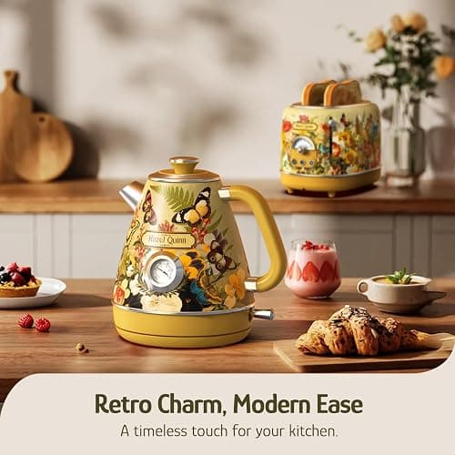 Hazel Quinn X Eduardo Recife Electric Kettle - 1200W Fast Water Boiling, 1.7L/57oz, All 304 Stainless Steel Interior, BPA-Free, Auto Shut-Off, Cordless Retro Teapot with Thermometer - Floral Patterned thumbnail 3