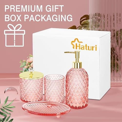 Haturi Glass Bathroom Accessories Set, Light Pink Bathroom Set, 4 Pcs | Kit w/ Bathroom Soap Dispenser Set, Toothbrush Holder, Qtip Holder, Vanity Tray, Pink Bathroom Decor, Gift for Home Apartment thumbnail 6