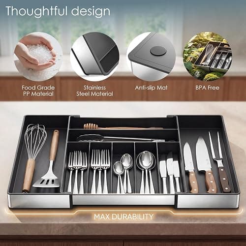 Silverware Drawer Organizer, 9 Slots Expandable Kitchen Drawer Organizer | Extra Large Utensil Holder & Cutlery Tray, Heavy Duty Stainless Steel Frame Flatware Organizer, Non-Slip Feet Included, Black thumbnail 4