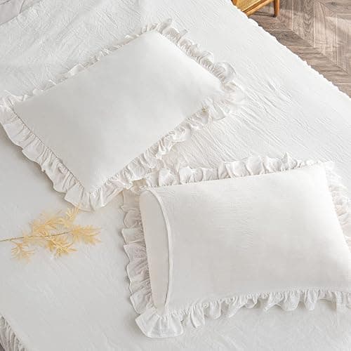Bonlino Home Bedding Bedspread Set Quilt - Farmhouse Bedspread Summer Coverlet Bed Spreads, Lightweight Quilt Chic Vintage Bedding Ruffle Skirt Bedroom Rustic with 2 Pillow Shams (Queen, White) thumbnail 2