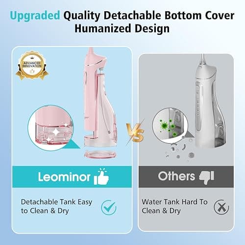 Leominor Water Flosser Pick for Teeth, 300ML Portable Oral Irrigator Upgraded Tank Removable,IPX7 Waterproof, Rechargeable Travel Teeth Cleaner, Professional Electric Flossing Machine (Pink) thumbnail 6