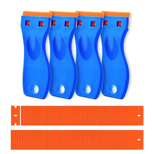 4 Pcs Plastic Razor Blade Scraper and 120 Pcs Blades, Remove Label Decal Tool,Forwithout Scratches Plastic Razor Blade Scraper, Adhesive Remover for Kitchen Appliances,Stickers and Paints on Window - Image 1