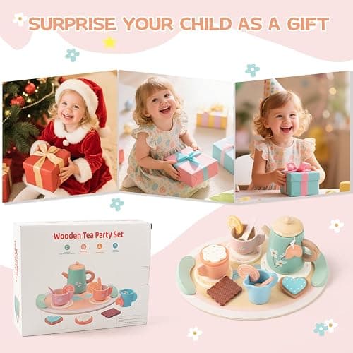 KDSFT Tea Party Set for Little Girls, Wooden Kids Tea Set with Teapot Cups Coasters Carrying Dessert, Picnic Outdoor Toys Pretend Play Kitchen Accessories for 3 4 5 Years Old thumbnail 6