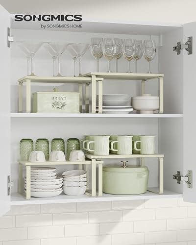 SONGMICS Scaffale Portaspezie, Set di 2 Organizzatori da Cucina Espandibili, Scaffale da Cucina Impilabile, Metallo e Legno Ingegnerizzato, Bianco Crema KCS002W02 thumbnail 2
