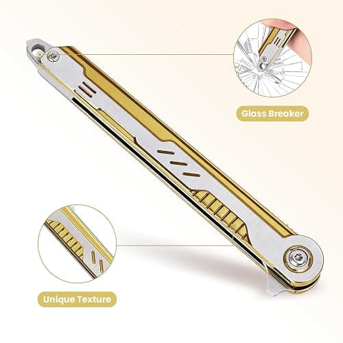 FUNBRO Cool Pocket Knife Gifts for Men, EDC Tanto Blade Folding Knives with Clip, Flipper Open Survival Knife with Window Breaker and Liner Lock for Outdoor Camping (Gold) thumbnail 4
