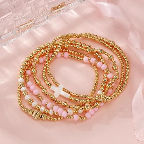 SHINUS BOHO 14K Gold Pearl Beaded Cross Bracelets Stack Set for Women,Stretch Boho Colorful Christian Beads Ball Jewelry Trendy Gift thumbnail 4