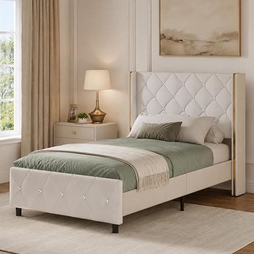 HOMBCK Twin Size Leather Bed Frame with Goldside Wingback Headboard, White | Modern Style, Bed Frame Twin with Velvet Upholstered Headboard, Diamond Tufted Design, No Box Spring Required, Easy Assembly thumbnail 7