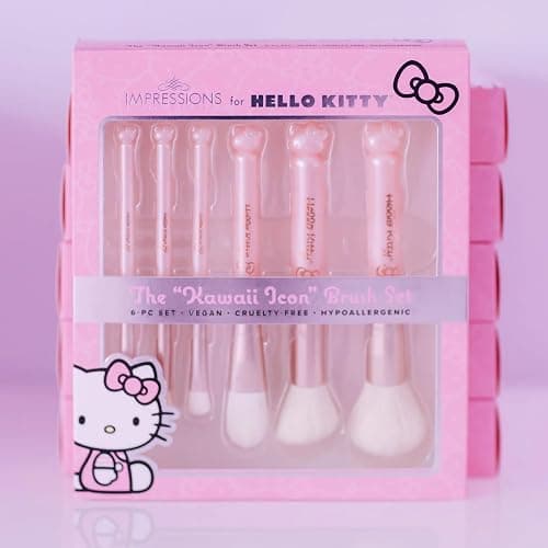 Impressions Vanity 6 PCs Makeup Brush set with Hello Kitty Kawaii Icon and Aluminum Ferrule, Super Soft Makeup Brushes for Foundation, Face Powder, Blending, Defined Shadow, Eye Shadow (Pink) thumbnail 4