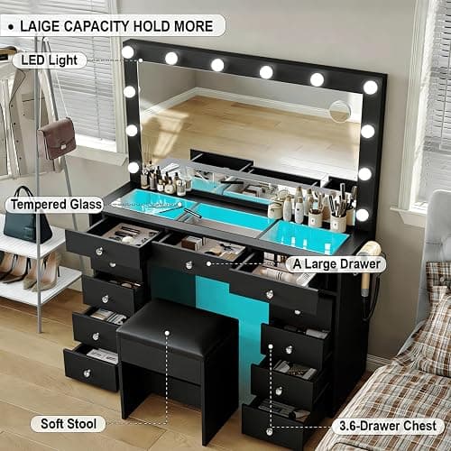 Makeup Vanity Desk with RGB Lights and Large 47.2’’ Mirror, 11 Drawers Makeup Vanity with Lighted Mirror, 3 Color Option, Brightness Adjustable, Make Up Vanity with Charging Station Woman, Black thumbnail 6
