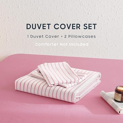 Wake In Cloud - Striped Cotton Duvet Cover Set, Ticking Stripe Vertical Pinstripe Farmhouse, 100% Washed Cotton Textured Percale Bedding Set, 3 Pieces, Pink White, Twin Size thumbnail 2